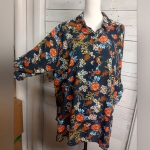 Simply Emma Women's 2X Floral Tunic Blouse Navy Orange Pullover Long Sleeve Top.